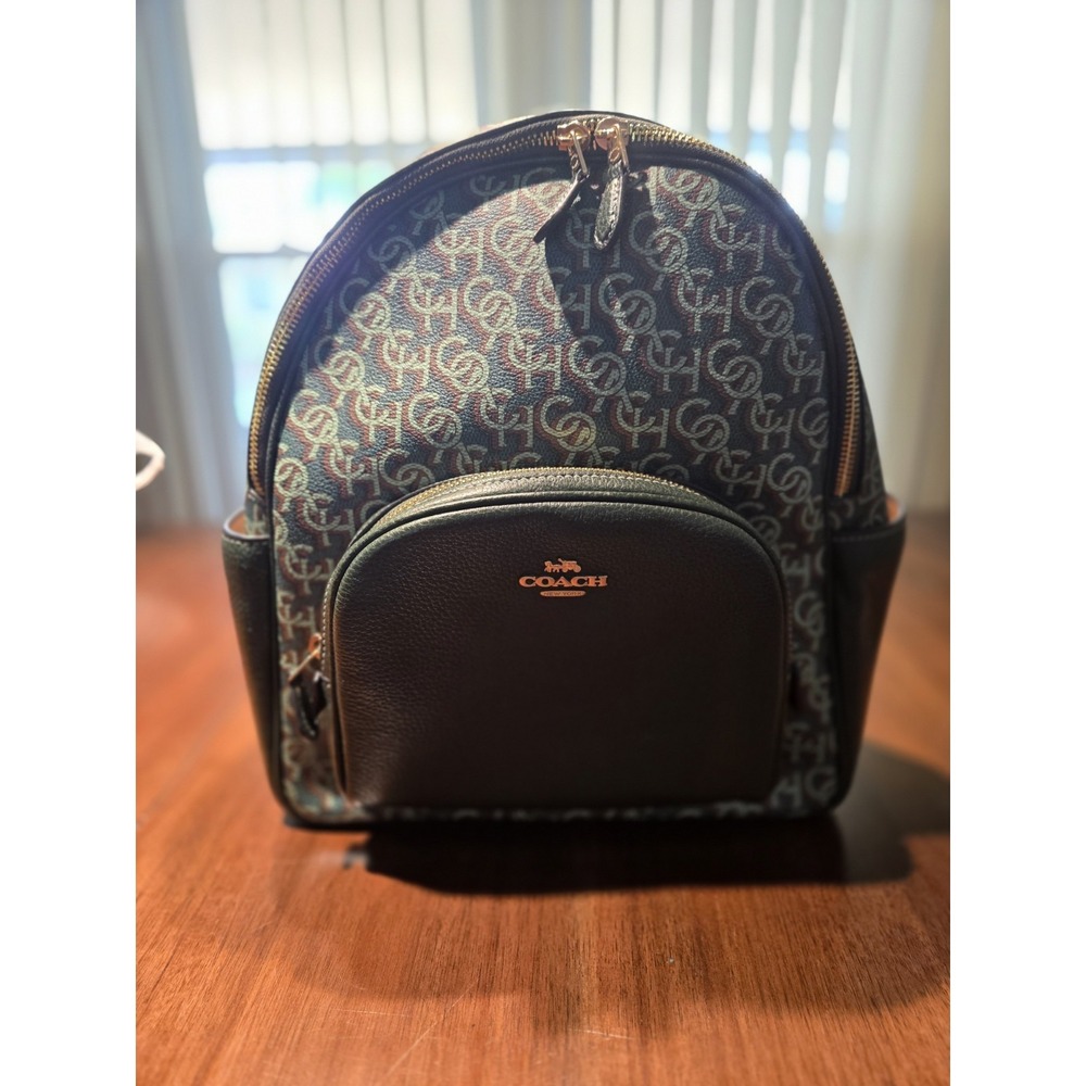Coach Women's Green Pebble Leather and Signature Canvas Backpack W/ Gold Accents